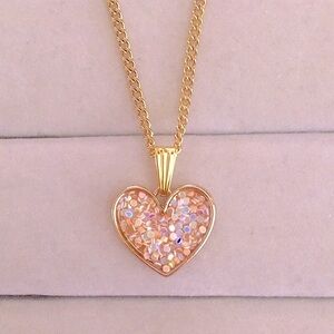 Gold white Aurora Borealis Iridescent Glitter Heart Drop Pendant Necklace